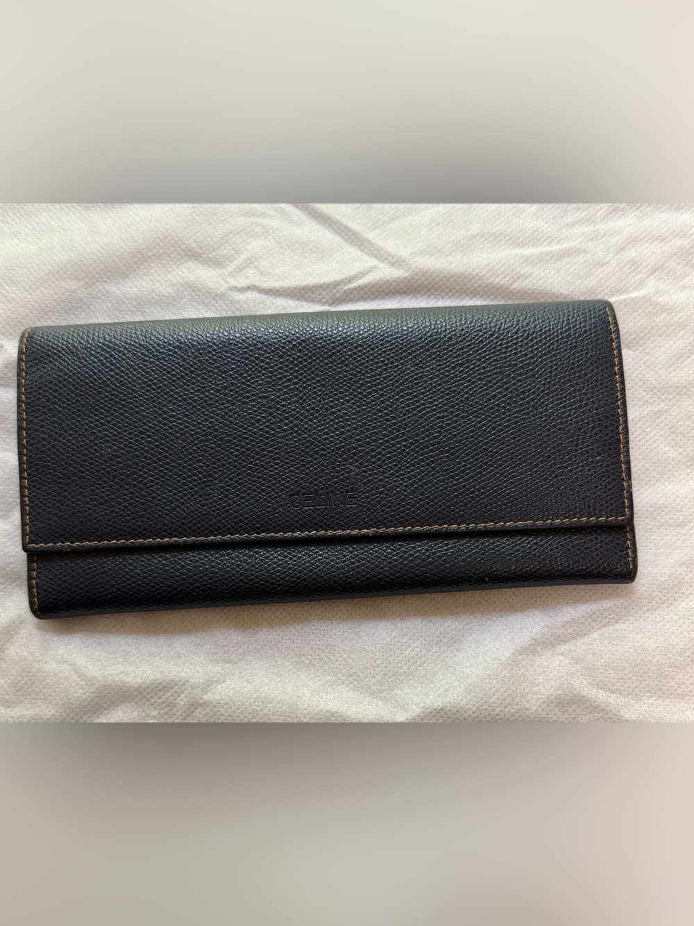 Vintage Celine Navy Textured Leather Wallet with Contrast Stitching